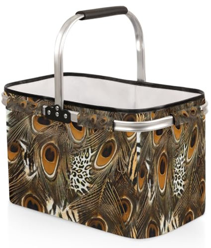 Tavisto Marktkörbe mit Griffen – Stabiler Einkaufskorb mit viel Stauraum und praktischer Innentasche, Leoparden-Pfauenfedern, 18.8*11.8*11.2 inches