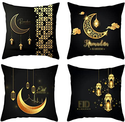 Ramadan Dekoration Kissenbezug 4 Stück Ramadan Deko Set Sofa Ramadan Kissen,Umrah Mubarak Deko Wurf Kissenbezüge 45x45cm,Leinen Islam Deko Muster Zierkissenbezüge für Islamische Dekoration (06)