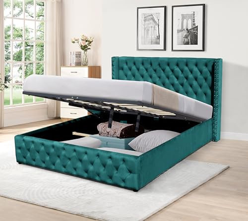 Comfy Living Winged Plush Velvet Ottoman Gas Lift Storage Bed In Green (No Mattress, 5ft King Size)