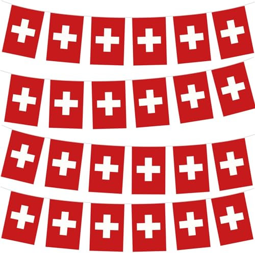 Bandierine con bandiera della Svizzera da 10 m con 30 bandiere per decorazioni Oly 2024, bandiera svizzera per Paris Oly 2024, eventi sportivi interni ed esterni, decorazioni per feste in Svizzera