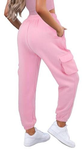 Waitfairy Pantaloni della tuta invernali da donna a vita alta con coulisse pantaloni della tuta pantaloni da allenamento con fondo Cinch, Rosa con tasca cargo, M