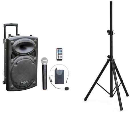 Ibiza - Altavoz portátil 12 / 700W MAX con 2 micrófonos VHF, Mando a Distancia & Audibax Neo 131 - Soporte Profesional para Altavoces - Trípode Extensible Negro Mate