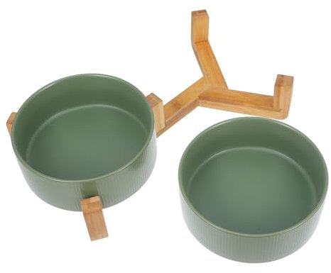 POPETPOP Dog and Cat Bowl Stand Set Double Ceramic Pet Feeding Dishes Wooden Base Removable Non-Tip Home Decorative