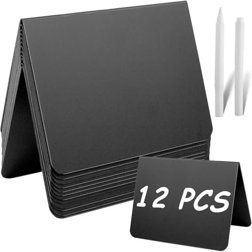 Lot de 12 petits tableaux à craie, à poser sur pied, en forme de V, avec 2 stylos, pour étiquettes de prix, cartes de table, buffet, mariage, fête, boulangerie - 7,5 x 10 cm