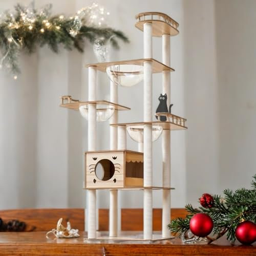 Mekidulu Cat tree - 185CM Cat tree for indoor cats with 14 White Scratching Posts, 1 house,3 Transparent space capsule,3 Perches, 1 Caves,Wooden cat tree(Log color 8782)
