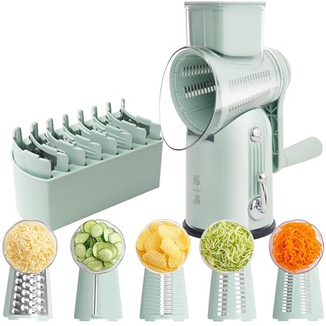Râpe à Fromage Rotative 5-en-1, Râpe Légumes Manuel avec 5 Lames Interchangeables, Mandoline de Cuisine pour Légumes, Fromage et Noix