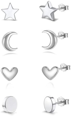 HinDaLi 4 Paar Ohrringe Silber 925 für Damen Herren Mädchen Silber Ohrstecker Stern Mond Runde Scheibe Herz Ohrringe Damen Stecker Klein Hypoallergen