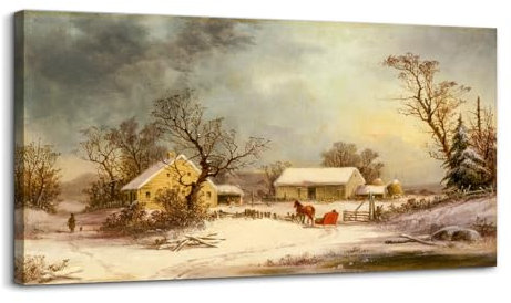 hyidecorart Vintage Leinwand Bilder, 50x100 cm Groß Wandbilder Wohnzimmer Winter auf dem Bauernhof Bild Aesthetic, Landscape Wanddeko Schlafzimmer Gemälde Badezimmer Kunst Büro Zimmer Esszimmer
