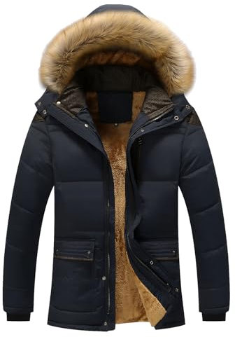 amropi Giubbotto Parka Uomo Giacca Invernale Caldo Cappotto in Pile con Cappuccio in Pelliccia Giacche Marina, L