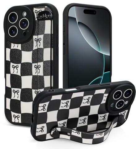 Jefonha for iPhone 16 Pro Max Case with Strap, Classic Checkered Checkerboard Bow Phone Case with Finger Strap Kickstand, Shockproof Protective Cover (Leather, Checkered Black)