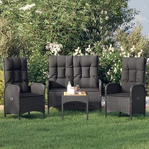 IKAYAA Gartenmöbel Set für 4 Personen mit 2er Sofa, 2 Stühle Verstellbare Rückenlehne, Terrassenmöbel Set Schwarz Sitzgruppe Polyrattan Gartenbank, Bank + 2X Stuhl + Tisch