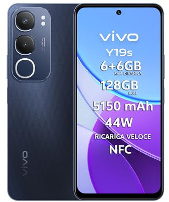 VIVO Y19s, Smartphone 6+6GB RAM, 128GB ROM, Cameraphone 50MP, AI modalità notte, 6.68”, 44W Ricarica veloce, Batteria da 5150 mAh, NFC, Dual SIM, Luce Dinamica, IP64, nero
