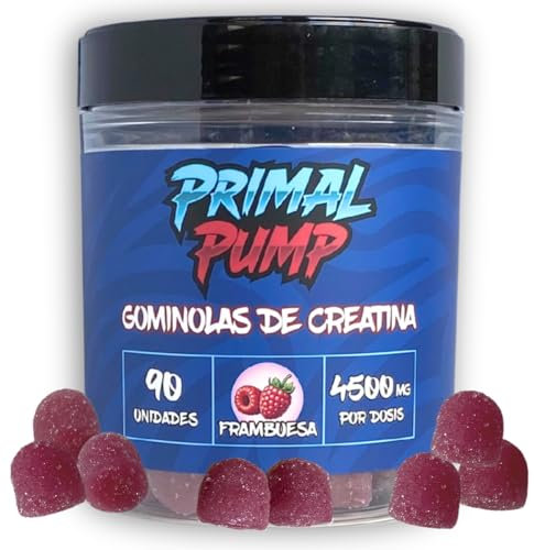 Primal Pump Gominolas de Creatina Monohidratada 4.5g - Creatina para Rendimiento y Potencia - Sin Azúcar, Vegano y Sin Gluten (90 Gominolas, Frambuesa)