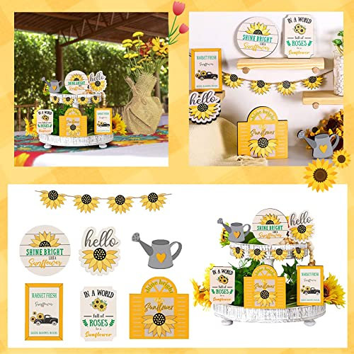 Summer Sunflower Tiered Tray Farmhouse Wooden Display Stand for Home Kitchen Countertop Styling (Multicolor, One Size)