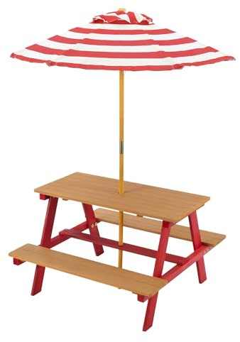 Teamson Kids Dakota Picknicktisch aus Holz mit gestreiftem Sonnenschirm - Kinder Outdoor Garten Spieltisch & Bänke Rot