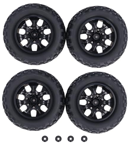 LMHHMIN 4 Stück Gummireifen mit M4-Kontermuttern, 12 mm Sechskantnabe, 7-Speichen-Felge, Radreifen für 1/10 RC Off-Road-Truck