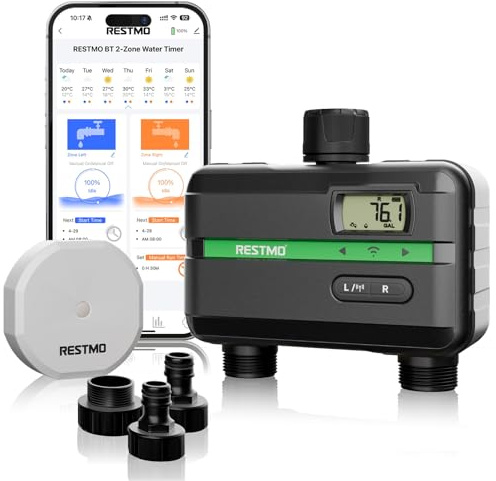 RESTMO Computer di irrigazione a 2 zona Wi-Fi + hub RF con flussometro | Orologio di irrigazione Automatico da Giardino, Controllo di Irrigazione, Sistema di Irrigazione per Giardino e Prato