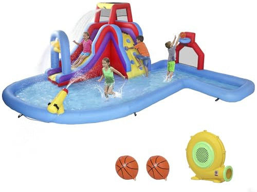 Qaba Inflatable Water Slide Bounce House, 6 in 1 Bouncy Castle with 480W Blower for Indoor Outdoor, Kids Jumping Castle with Slide, Climbing Wall, Pool, Water Cannon, Basketball Hoop, Soccer Goal