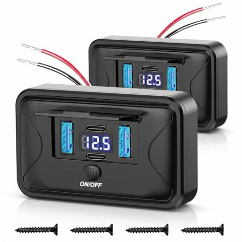 Intckwan 12V USB Steckdose Aufputz, 84W 4 Port 2X PD3.0 & 2X QC3.0 Schnellladung mit Schalter & Blauem LED-Voltmeter, für Wohnmobil Bus Boot Traktor Golf Cart (2 Stück)