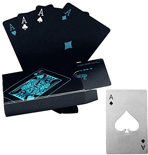 Poker-Karten, wasserdicht.Schwarzes Design, Professionelle Poker-Karten aus Kunststoff in Aluminiumgehäuse.Top-Qualität., Avec l'ouvreur