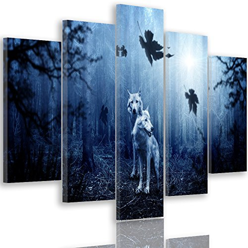 Feeby Bilder Wolf XXL 5-Teilig Typ A 200x100 cm 1 Teilig Wohnzimmer Schlafzimmer Büro Flur Küche Wandbilder Leinwandbilder Modern Bild auf Leinwand Wanddekoration Design Natur Blau