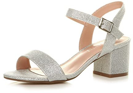 Women Ladies Low Block Heel peep Toe Ankle Strap Strappy Party Sandals Size, Silver Glitter, 8 UK