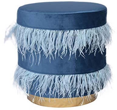 Blauer Samt Hocker Charleston mit Straußenfedern – Edler Pouf mit goldfarbenem Metallring skr016 Palazzo Exklusiv