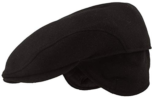 Breiter Herren Winter Schiebermütze mit Ohrenklappen Flatcap Schirmmütze 100% Wolle Cap ausklappbarer Ohrenschutz Hautfreundlich Bequem Schwarz Uni 59