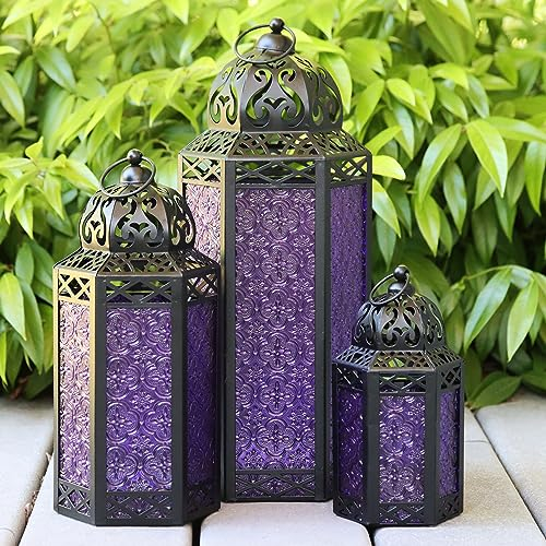 Dekorativer marokkanischer Metall-Kerzenlaternenhalter im 3er-Set für Ramadan, Inneneinrichtung, Außenterrasse, Violett