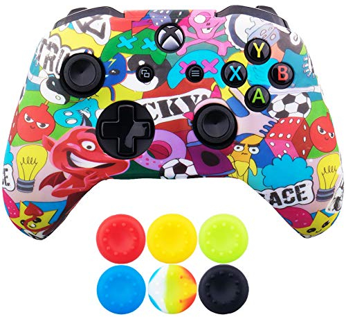 9CDeer 1 x Silicone Transfert Impression Protecteur Couverture Peau + 6 Thumb Grips et Bouchons Anti-Poussière pour Manette Xbox One/S/X Grimace