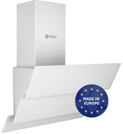 Wiggo Dunstabzugshaube 50cm kopffrei I Abluft Umluft Dunstabzug 300m³/h - LED Touch-Display 3 Stufen I Schräghaube inkl. Fettfilter & 2x Kohlefilter I Abzugshaube mit 3 teiliger Glasfront weiß
