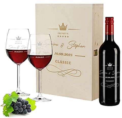 polar-effekt - Juego de vino personalizable de 4 piezas, caja de madera grabada, 2 copas de vino y botella de vino de 700 ml, Pierre Laforest, regalo para parejas, diseño clásico