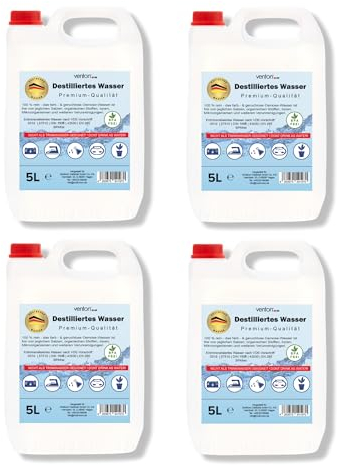 VENTON Klax Eau Distillée 20 L (4 × 5 L) I Déminéralisée - Déionisée - Selon VDE 0510 I Pour la Maison, les Loisirs, la Voiture et le Laboratoire I Eau Pure