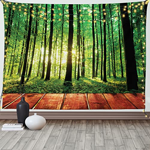 ABAKUHAUS Natur Wandteppich und Tagesdecke, Sonnenlicht Wald Bäume aus Weiches Mikrofaser Stoff Waschbar ohne Verblassen Digitaldruck, 230 x 140 cm, Grün Braun