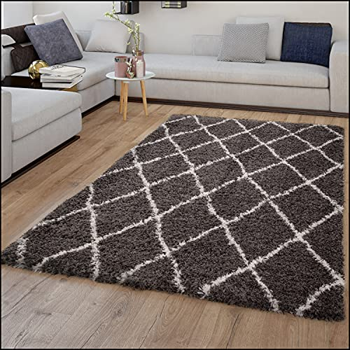 TT Home Teppich Hochflor Flokati Look Flauschig Shaggy Rauten Trend Anthrazit Weiß, Größe:60x90 cm