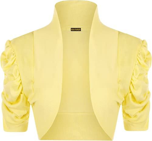 STAR FASHION Women’s Puff Sleeve Stretchy Ribbed Bolero Shrug Ladies Collared Plain Style Crop Cardigan Top Open Front Shrugs UK Size 8-14