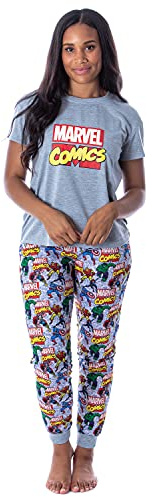 Marvel Women's Character Comic Book Print 2 Piece Jogger Pajama Set (S) Grey