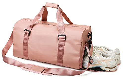 Sporttasche für Herren und Damen, Reisetasche mit Schuhfach und Nassfach, großes Fassungsvermögen, Wochenende über Nacht mit Schultergurt für Fitnessstudio, Reisen, Camping (Rosa)