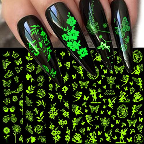 9 Sheet Glow in The Dark Nail Stickers Decals Self-Adhesive Luminous Flower Floral Butterfly Design Manicure Tips Nail Decoration for Women Girls