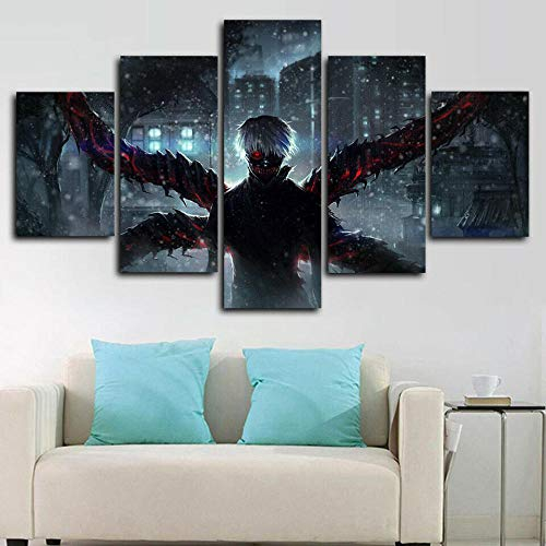 SINGLEAART® Leinwanddrucke,5 Teilige Leinwand,5 Stück Wandbild,Wohnzimmer Dekoration,Tokyo Ghoul Anime Ken Kaneki,150×80cm,Mit Rahmen,Modular Wandkunst Brettmalerei