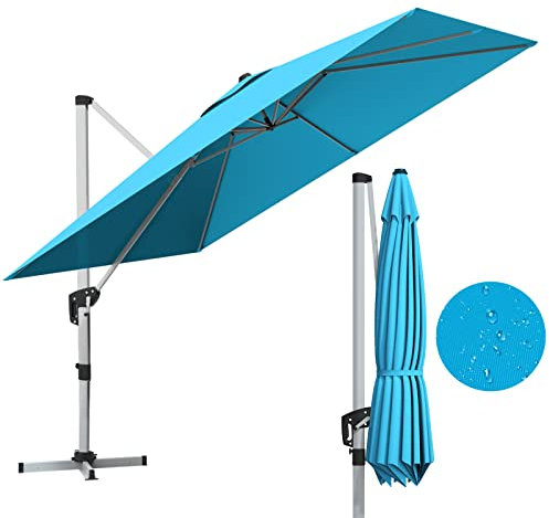 RELAX4LIFE Parasol de Jardin Exterieur Inclinable à 7 Positions Rotation par Pédale, Parasol Déporté 3x3M en Polyester avec 8 Branches Imperméable Anti-UV(Bleu vert)