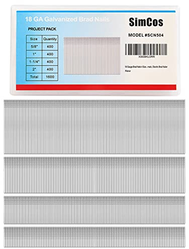 SimCos Nagelpistolennägel, 18 Gauge (5,1 cm, 3,8 cm, 2,5 cm, 1,6 cm), 1600 Stück, 18 GA Nagelpistolennägel, sortiert und klein, für pneumatische, elektrische Nagelstifte (verzinkter Stahl)