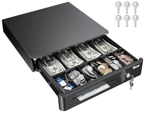 Tera 13 Auto Open Cash Register Drawer Heavy Duty Fully Removable Insert Tray 5 Keys 4 Bill 6 Coin Media Slot 24V RJ12 Key-Lock (Round Corner) for POS System Small Business 330R