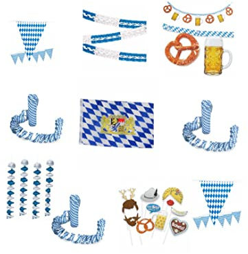 KarnevalsTeufel Bayrische Deko 10-TLG. Set Girlanden Fahne Luftschlangen Fotobox-Zubehör Volksfest Bierfest Wiesn