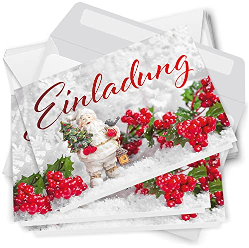 10 x Einladungskarten Klappkarten Weihnachten mit Umschlag zur Weihnachtsfeier Motiv Weihnachtsmann im Schnee