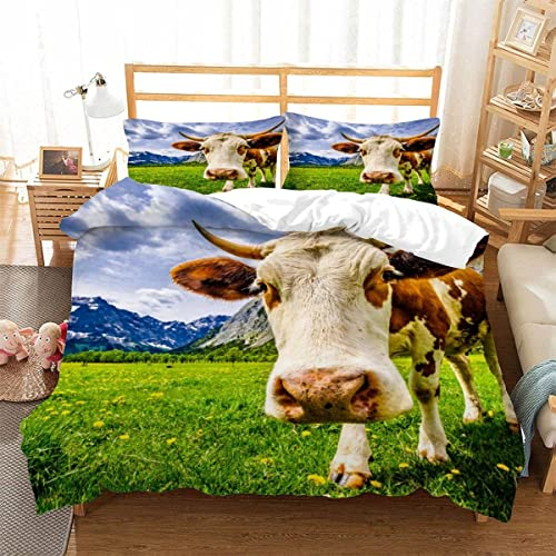 BUMIYA Kinder Bettwäsche Set 135x200 3D Druck Kuh-Muster Bettwäsche100% Mikrofaser Weiche mit Reißverschluss Weidekuh Jungen Mädchen Bettbezüge mit 2 Kissenbezug 80x80 cm