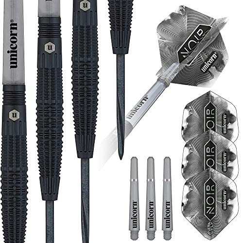 Unicorn Steel Tip Darts Set | Noir Style 2 | 90% Tungsten Barrels with Black Titanium Coating & Black Volute Points | 25 g