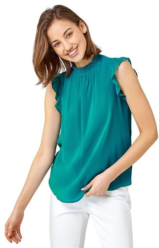 Roman Originals Sleeveless High Neck Frill Top for Women UK - Ladies Spring Everyday Summer Holiday Shirring Detail Comfy Ruffle Detail Soft Tee Keyhole Detail Shirts - Teal - Size 8
