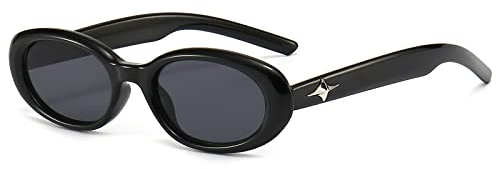 LJCZKA Vintage Kleine Ovale Sonnenbrille Damen Herren, Retro Sonnenbrille Klein Oval Trendy Brille mit Stern UV Schutz