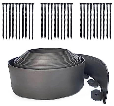 Garteneinfassung, 90 cm, extra hoch, 10,2 cm, mit 50 Heringen, flexibles Rasenkanten-Set, DIY für Blumenbeete, Hof, Baum, Wege, Spielplatz, Pflasterkante (grau)
